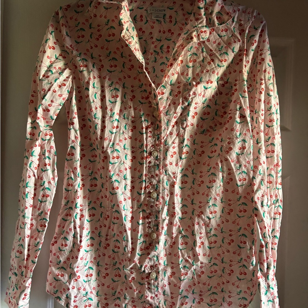 J. Crew White Cherry-Print Button-Up Blouse